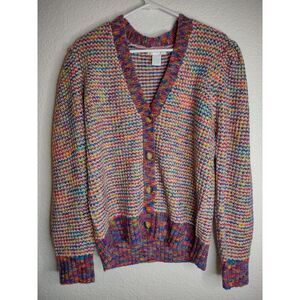 Design History Sweater Cardigan Puff Sleeve Sz XL Rainbow Space Dye Button Front